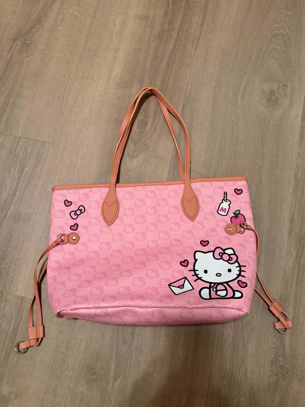Hello Kitty Pink Monogram Tote Bag with Letter and Apple Graphics